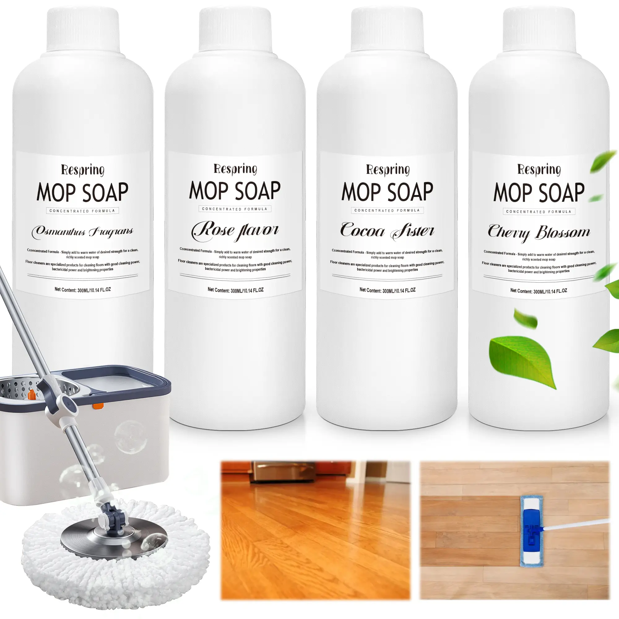 300ml Mild-Scent Concentrated Liquid Floor Cleaner - Low-Foaming, Residue-Free, 4 Fragrances, Compatible with All Flooring Types & Various Mops, Ideal for Household Pre-Treatment