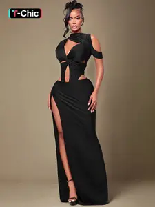 Women's Fashion Chic Vacation Dress, Halter Neck, Trendy Cut-Out Design, Perfect for Saint Tropez Travel, Elegant Solid Color Fitted Dress, Womenswear, Lady