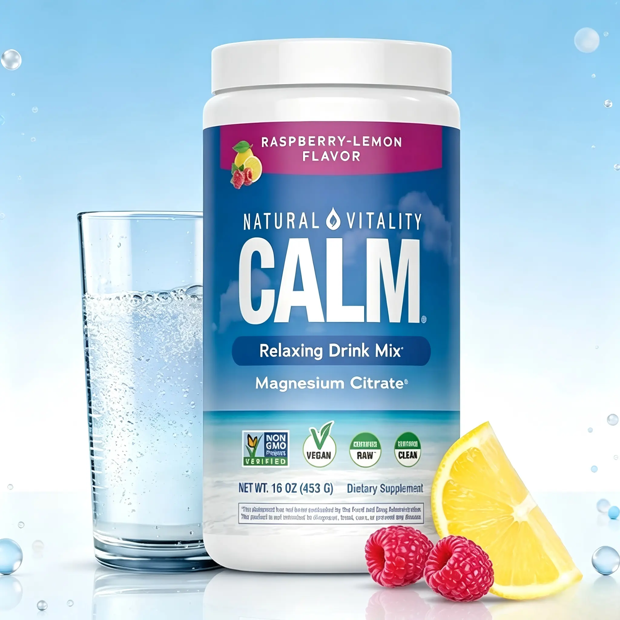 Natural Vitality Calm Magnesium 16oz Powder | Raspberry Lemon Flavored Supplement | Non-GMO, Vegan & Gluten Free Formula