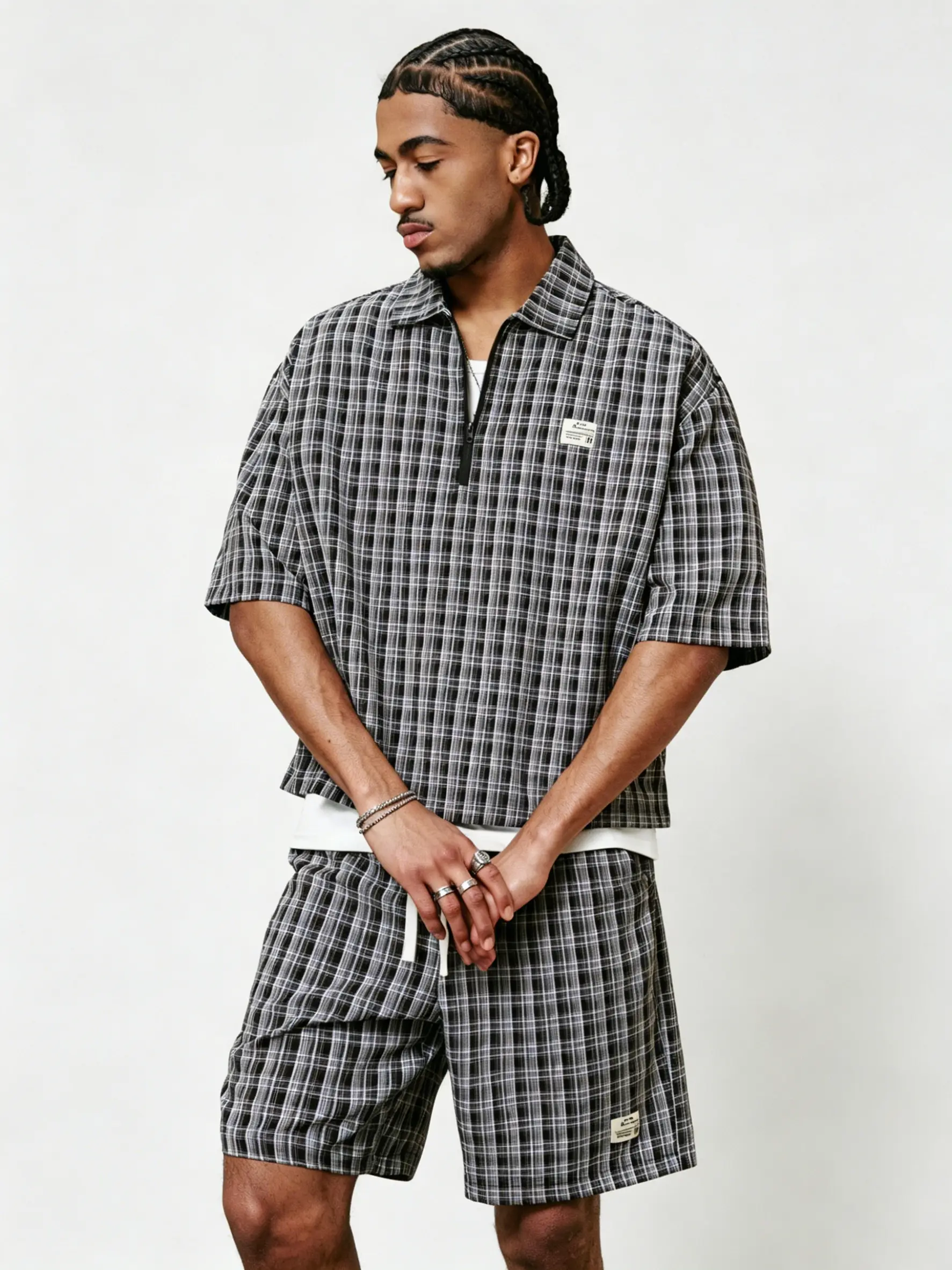 Men's Plaid 2 Piece Set, Short Sleeve Zip Polo Shirt and Drawstring Shorts Outfit, Relaxed Fit Summer Streetwear Matching Set, Casual Vacation Lounge Wear, Oversized Checkered Shirt Shorts Set for Men, Festival Beach Daily Fit, TikTok Trendy Summer Styles