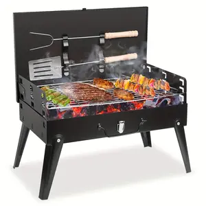 Portable Charcoal Grill, Small BBQ Grill Outdoor Folding Barbecue Grill, Foldable Camping Grill with Barbecue Accessories & Lid for Outdoor Cooking Camp Picnic Steak Hot Dogs Practical
