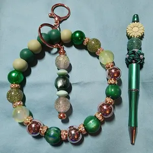 Green Beaded Keychain Bracelet Set with Gold Accents and Gemstone Beads Ideal for Fashion Accessories