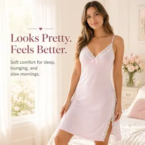 Women’s Satin A-Line Slip Nightgown with Lace Trim, Adjustable Soft Straps, and Side Slit - Comfortable Sleepwear Loungewear, A-Line Dress,summerwins summerwins Black Elegant