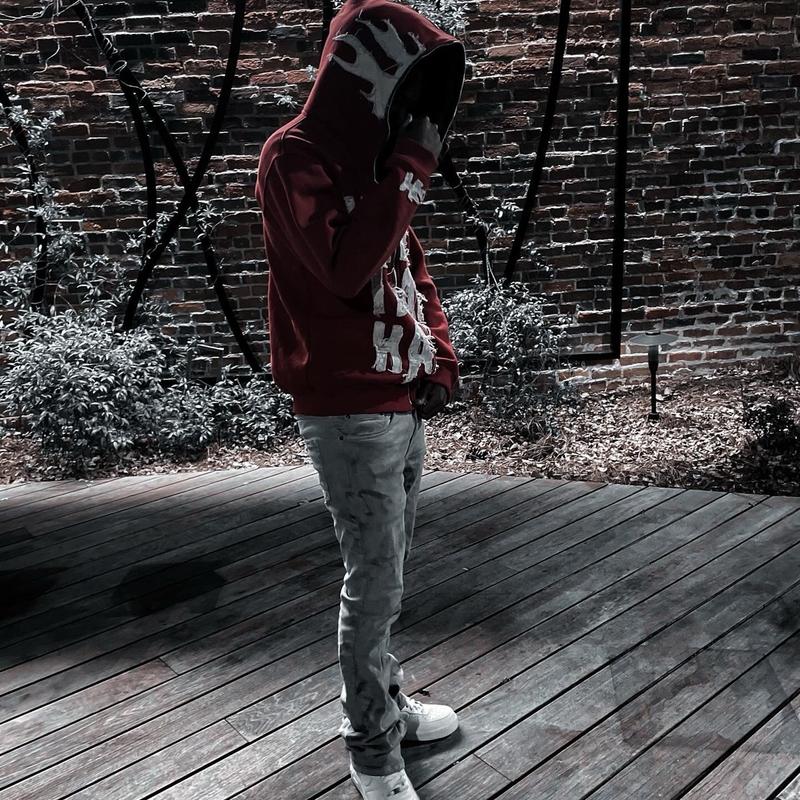 Red HarderThanHard Distressed Full Zip Hoodie y2k