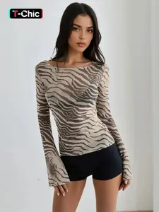 Women's Zebra Print Long Sleeve Top, Casual Elegant Chic Fashion Blouse Fit for Spring & Fall, Stylish Animal Pattern Shirt for Daily Wear, Womenswear, Garment