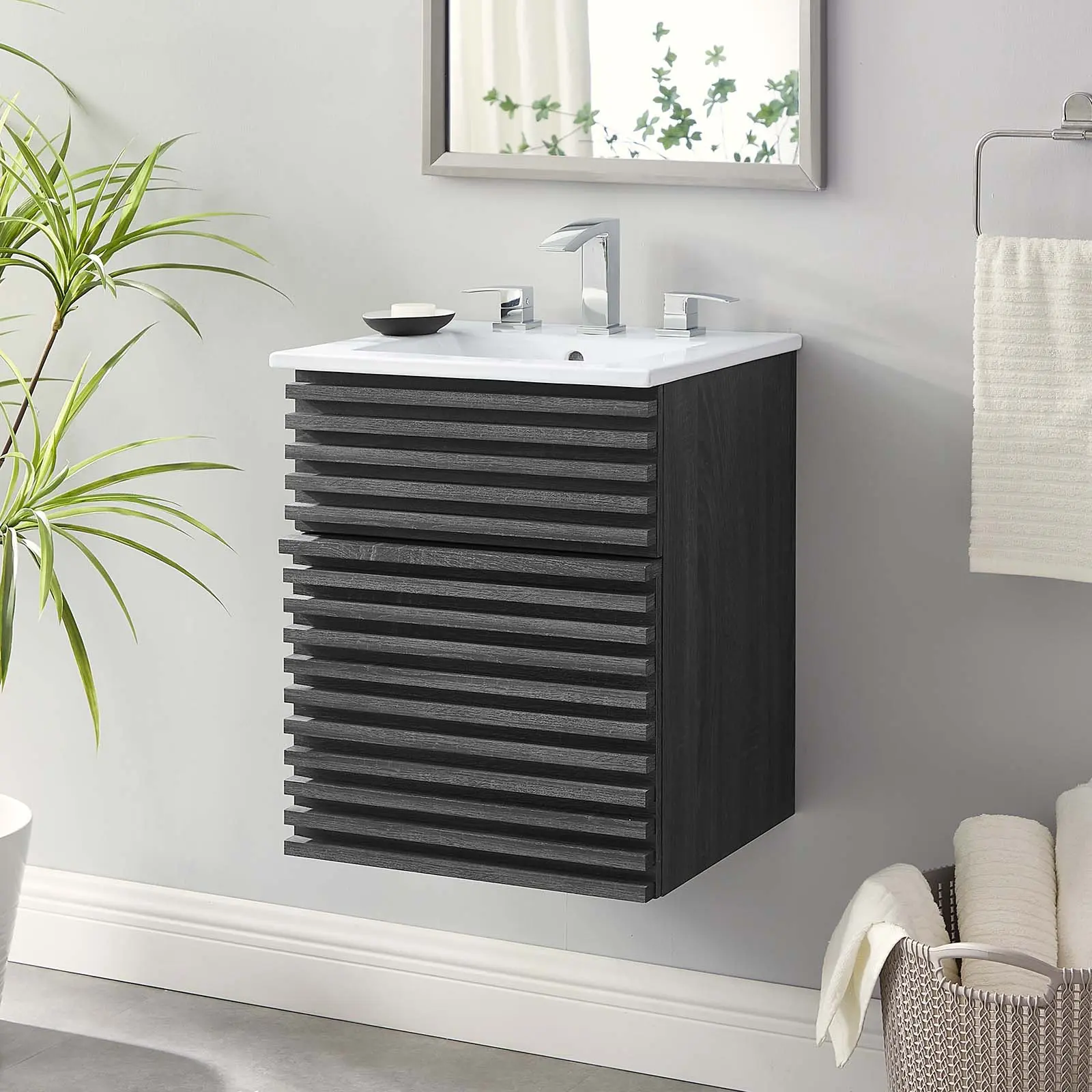 Modway Render 18" Wall-Mount Bathroom Vanity with 18" Ceramic Basin Top - Charcoal White Modern Retro Durable Storage Cabinet, Modern Storage Cabinet, Bathroom Storage Cabinet