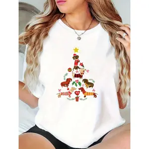 Women's Christmas T - Shirt with Dachshund Christmas Tree Design, Festive Holly, Gifts & Stars, Casual Xmas Top for Dog Lovers, Perfect for Holiday Parties & Daily Wear 100% Cotton T-shirt