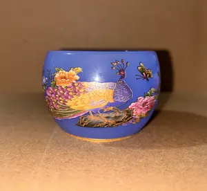 Glow-in-the-Dark Blue Glaze Teacup with Peacock, Floral & Bird Designs (Gold Accents)