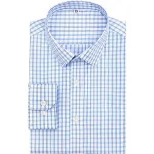 Mens Grade 4 Wrinkle-Resistant Plaid Button-Down Cotton Long Sleeve Regular Fit Gingham Dress Shirts