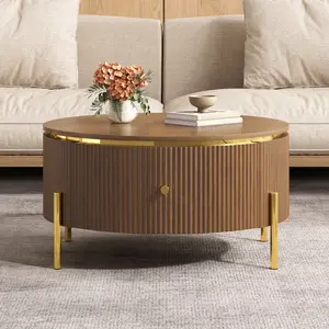 31.5" Round Coffee Table with Storage, Modern Center Table 2 Large Drawers and 4Legs, Marble Pattern Table Top, Accent Center Tables for Living Room Brown
