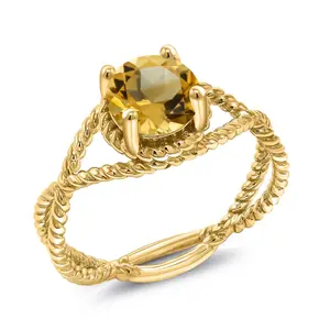 Gem Stone King 7MM Round Gemstone Birthstone Solitaire Ring for Women | Twisted Rope Band in 18K Yellow Gold Plated Silver | Available in Sizes 5, 6, 7, 8, 9