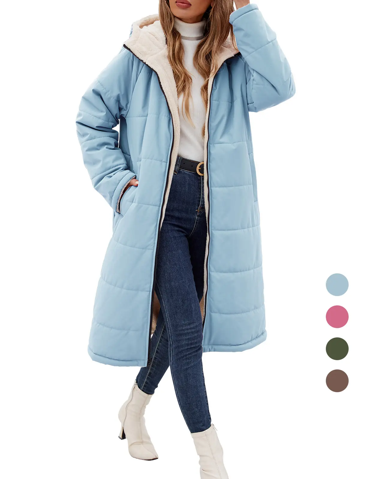 Women’s Reversible Long Puffer Coat, Sherpa Lined Windproof Hooded Jacket, Thick Warm Winter Outerwear with Pockets, Casual Loose Fit Long Coat Fashionable Outerwear Cold Weather Gear