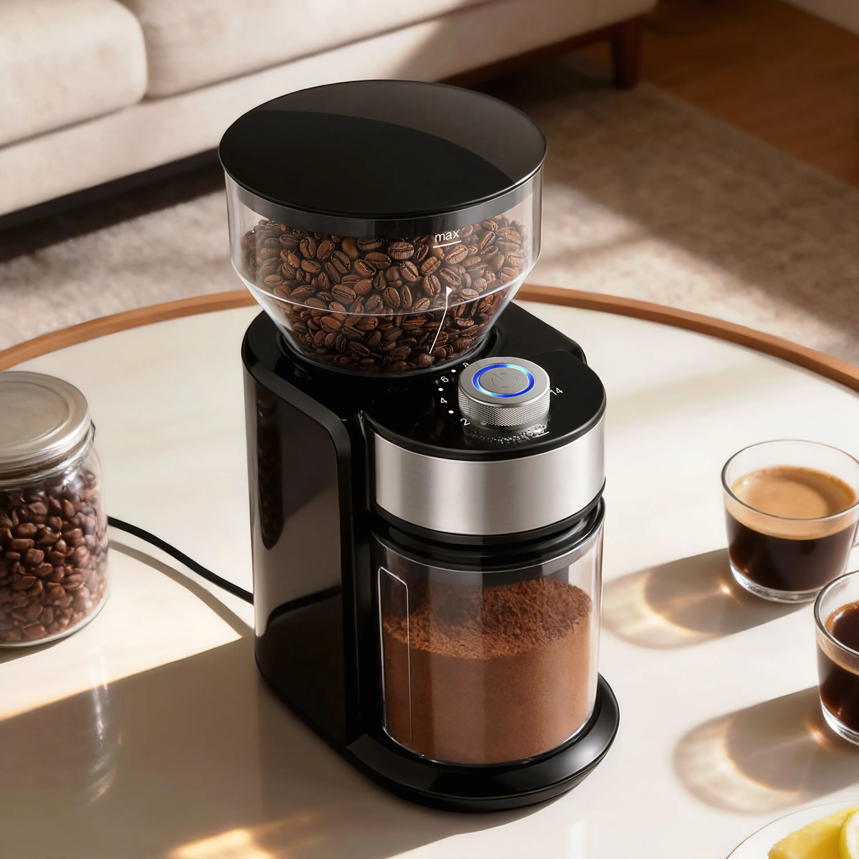 Electric Coffee Grinder with Adjustable Burrs, 15 Precise Grinder Settings for 2-14 Cups, Black