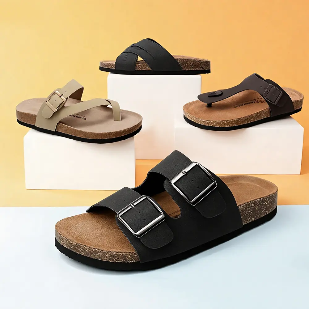 ARRIGOBELLO Women's Toe Separator Mules - Natural Cork Leather Footwear, Lightweight Non-Slip Summer Flat Sandals, Adjustable Buckle Shoe【PLS SIZE UP】, Casual Wear, Walking Shoes