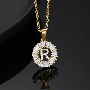 Iced Baguette Initial Necklace Zircon Flower Initial Letter Necklace Punk Style A-Z Letters Elegant Aesthetic Charm Pendant Necklace Initial Alphabet For Women Jewelry Accessories