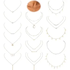 CASSIECA 16Pcs Necklaces for Women Long Pendant Danity Layered Choker Necklaces  Moon Boho Star Pearl Chain Choker Adjustable Gold Silver Tone