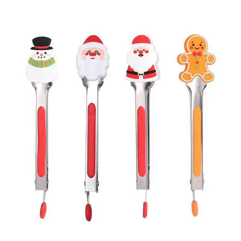 Stainless Steel Food Tongs, Cute Christmas Themed Cooking Tongs with Nylon Handle, Heat Resistant Kitchen Utensils for Cooking, Barbecue, Salad