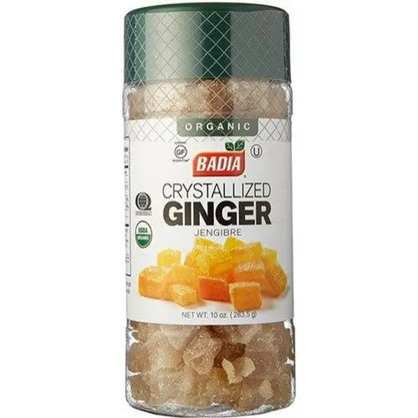 BADIA Organic Sugar-Coated Crystallized Ginger Spice, 10 oz, Natural Flavor, US-Sourced, Kosher, Resealable Bag, Natural Sweet Bite-Sized Pieces, Ideal for Afternoon Merienda Snack & Chopped into Scones