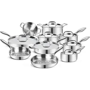 Stainless Steel Cookware Set, 3 Ply 17 Piece Stainless Steel Pot and Pan Set, Oven Dishwasher Safe| Induction Compatible Frying Pans, Saucepans, Saute Pan & Stock Pot, PFOA, PTFE & PFOS Free