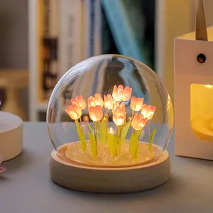 Tulips Lamp Gifts for Women Wooden Base with Crystal Stones LED Night Light in Glass Dome Unique Birthday Gifts for Mom Sister Friends Cute Home Decor 10x10cm