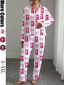 Women's Dr Pepper Home Set, Autumn Winter Casual, Soft Elastic Fabric, Long Sleeve Shirt & Loose Pants, All-Season Wear Pajamas