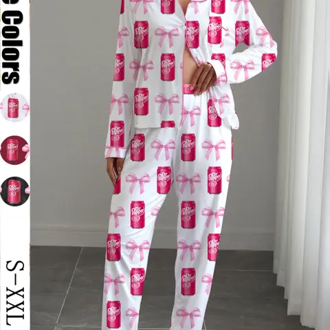 Women's Dr Pepper Home Set, Loungewear, Autumn Winter Casual, Soft Elastic Fabric, Long Sleeve Shirt & Loose Pants, All-Season Wear Pajamas, Casual Sleepwear Set