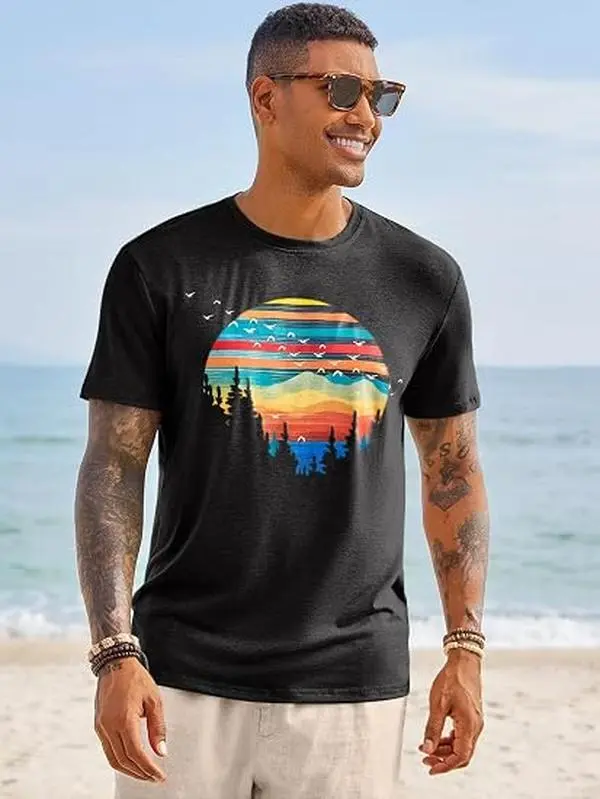 Men’s summer retro graphic t‑shirt featuring a sunset mountain forest design, vintage scenery print crew neck short sleeve tee, casual outdoor streetwear top