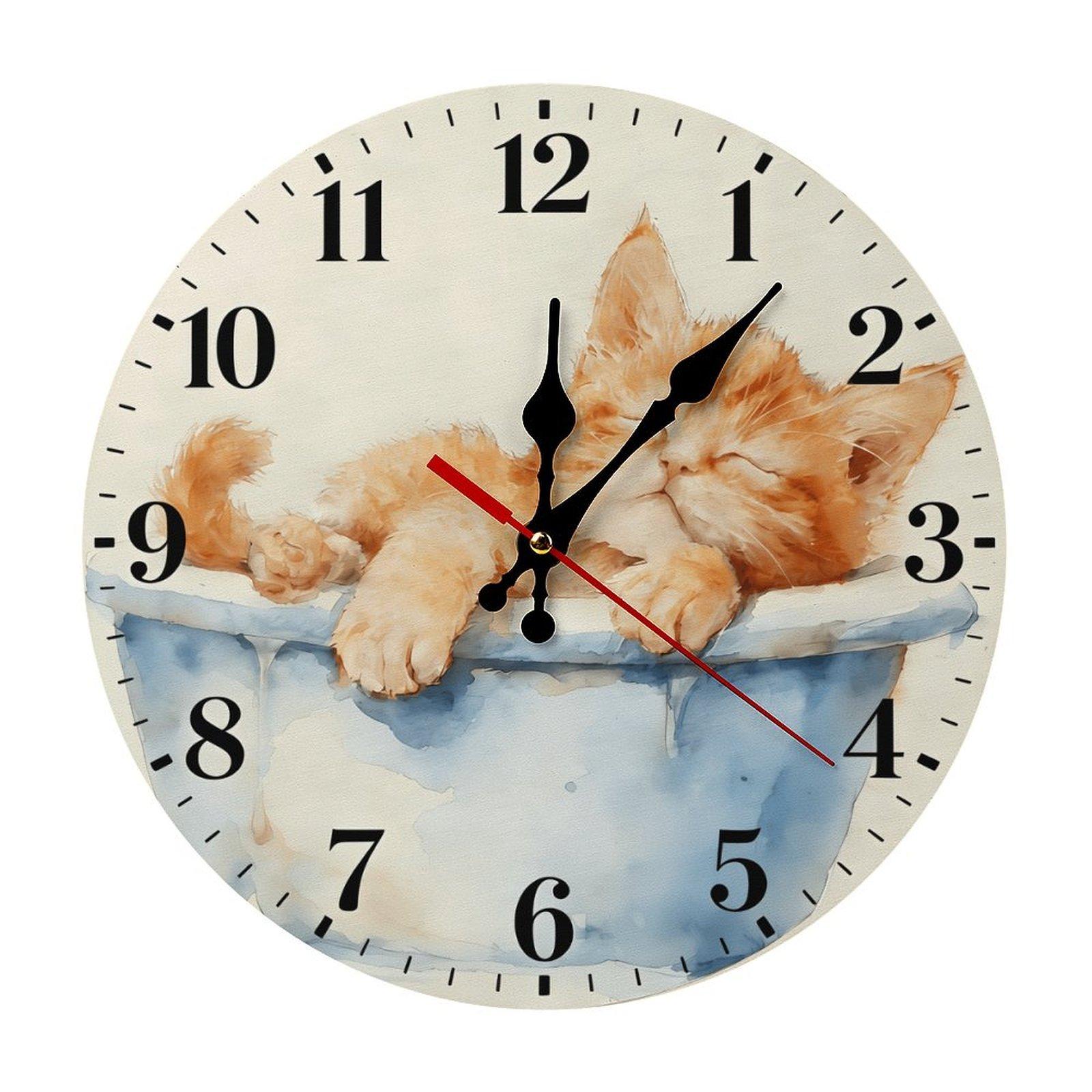 12 Inch Watercolor Sleeping Orange Cat Wall Clock, Silent Non-Ticking Quartz Wall Clock, Cute Kitten Animal Wall Watch for Home Living Room Bedroom Cat Lover Decor