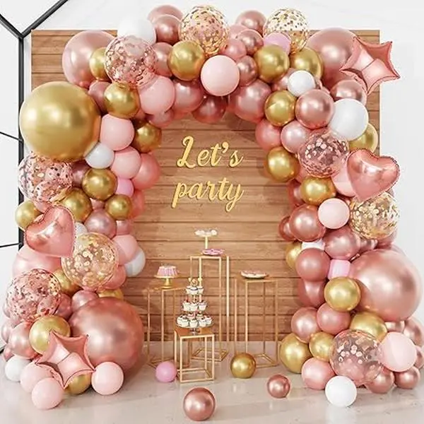154Pcs Rose Gold Balloons Arch Garland Kit, Bachelorette Pink and Gold Confetti Balloons with Star Heart for Women Girls Birthday Wedding Bridal Baby Shower Valentines Day Party Decorations