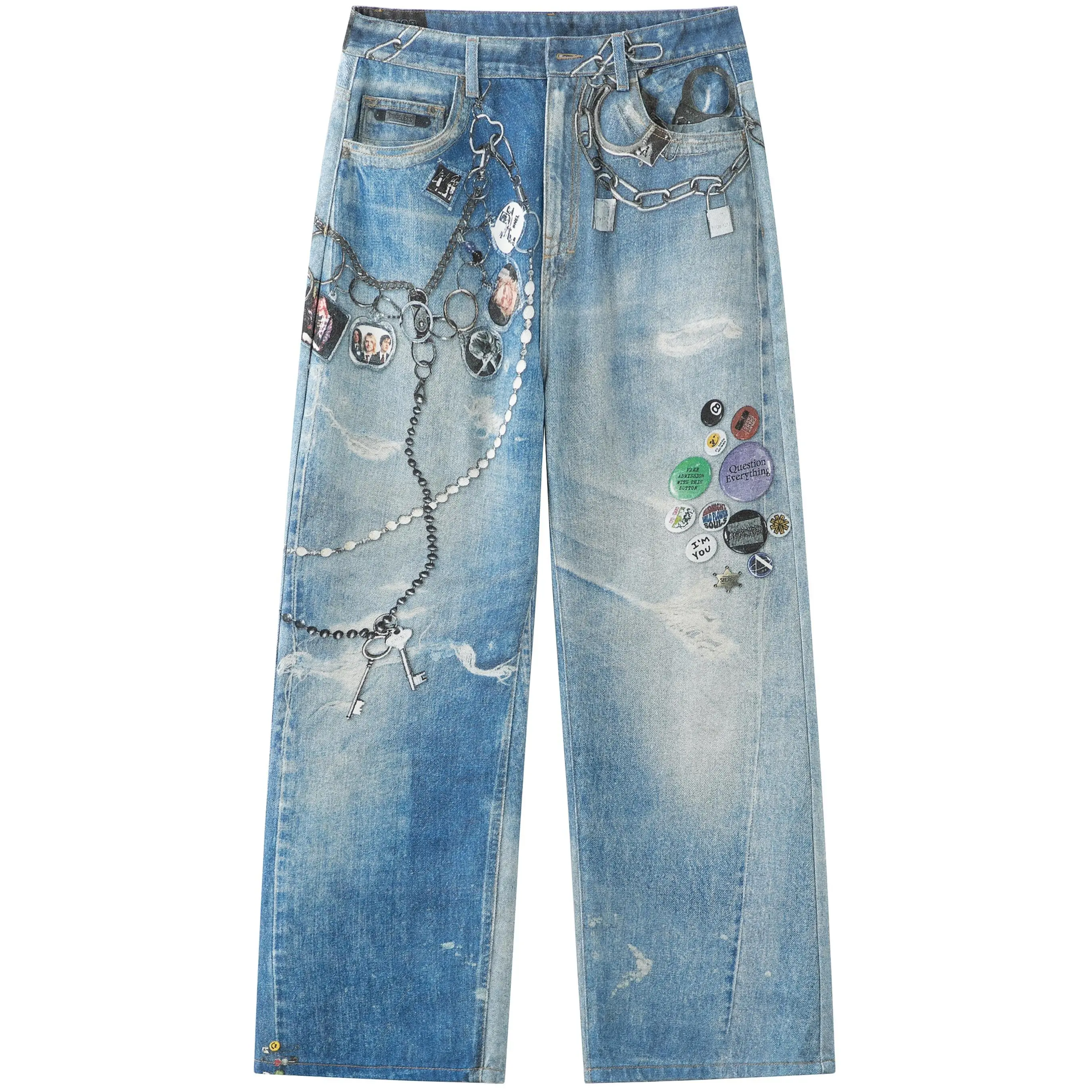 100% cotton trendy denim pants for men featuring a vintage washed distressed look and wide legs. Multi-layer 3D metal belt chain and decorative gender pin badge prints. Loose street-style denim long pants with five pockets, faded retro light wash denim fa