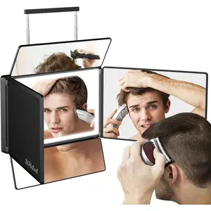 5 Way Mirror for Hair  with LED Light, 360? Barber Mirrors with Adjustable Height Brackets, Makeup Mirror for Self Cut, Shaving, , Good Gifts for Men Women