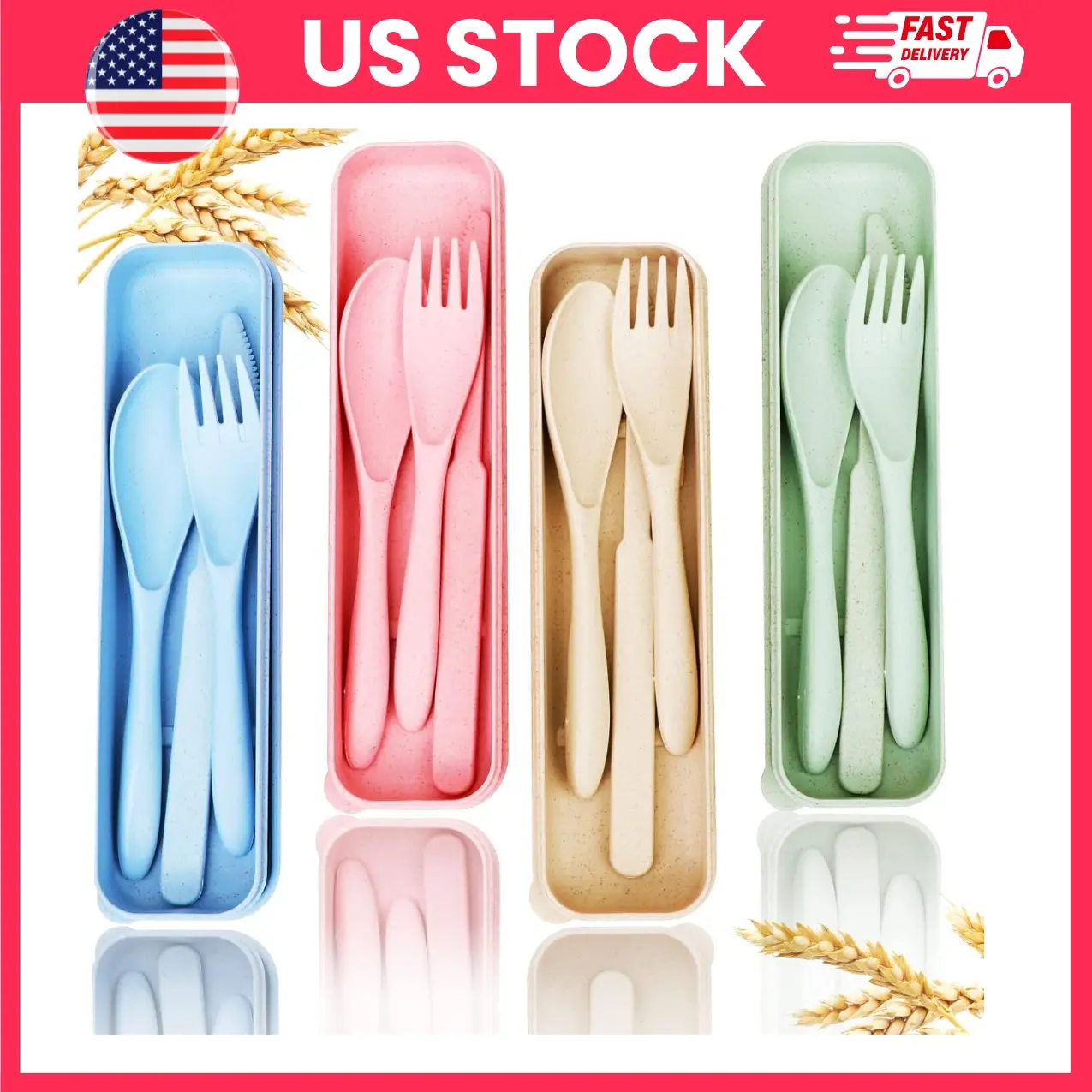 Reusable Travel Utensils Set, 4 Pack Portable Cutlery Set with Case, Wheat Straw Knife Fork Spoon Set for School Lunch, Office, Picnic, Camping & Travel, BPA Free, Assorted Colors | reusable fork spoon knife, BPA free utensils, portable tableware