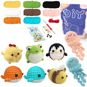 Animals Crochet Kit with Step-by-Step Video Tutorials, Penguin, Bee, Chicken, Whale, Frog, Jellyfish, Crochet Kit for Beginners, DIY Beginner Crochet Starter Material Package, Beginner Crochet Set(Accessories In Random Color), Crochet Gifts