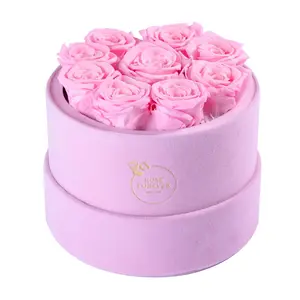 9 Pink Roses - Pink Round Suede Box