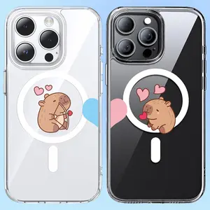 Heart-Shaped Capybara Matching Couple Design Clear MagSafe Compatible Phone Case & Paired Card Holder Wallet - for iPhone 16 Pro Max & Samsung Galaxy S24 Magnetic Shockproof Cover