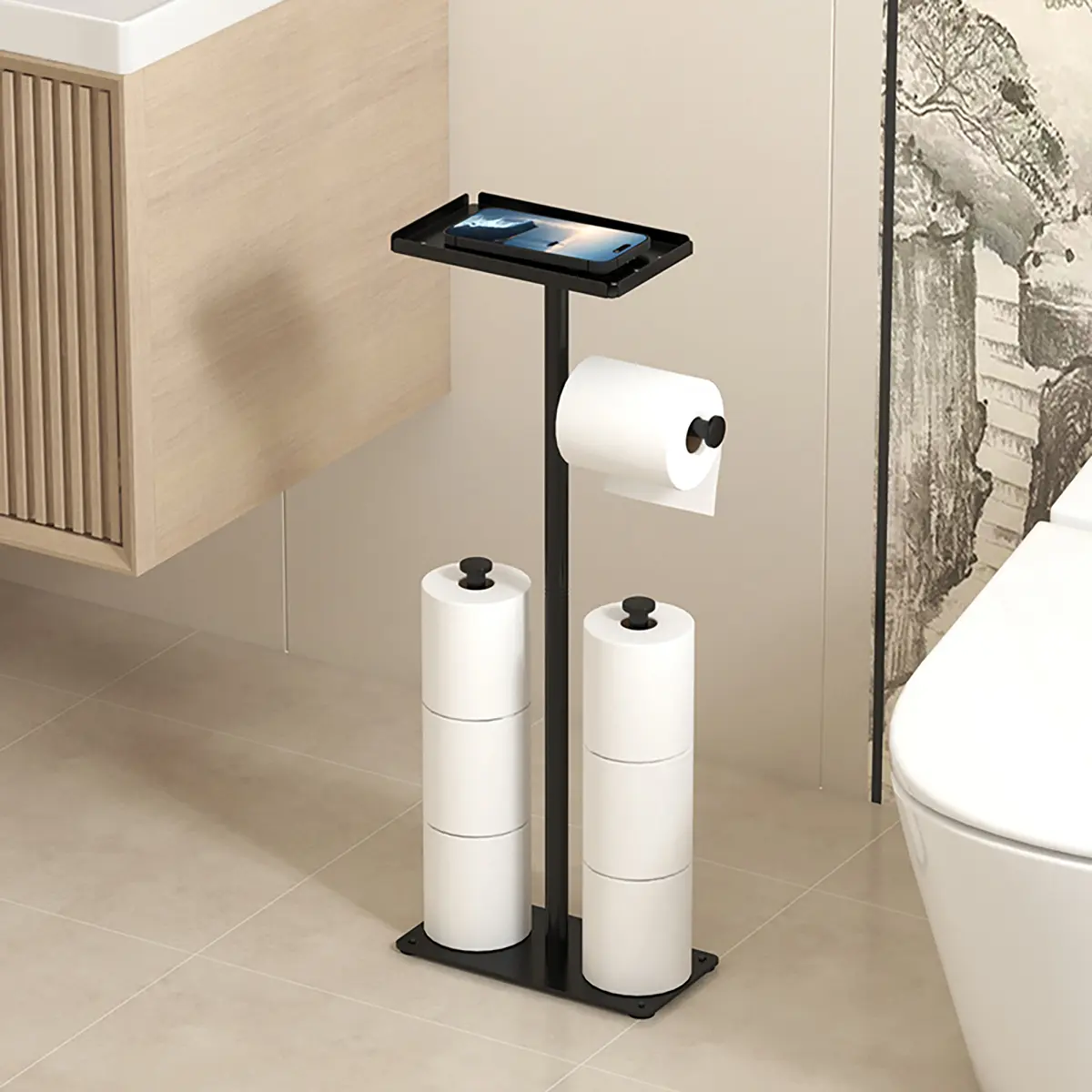 Modern Style Toilet Paper Holder with Storage Tray, Floor Standing Multi-Functional Design, Bathroom Organizer Supplies, Modern Bathroom Accessories, Bathroom Gadgets, Ideal for Home Bathroom & Hotel Use, Bathroom Tissue Holder