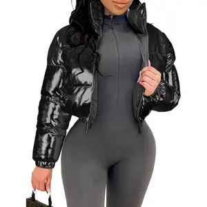 [Shiny Puffer Jacket] Winter Shiny Women's Cropped Puffer Jacket - Padded Warm Quilted Short Coats Zip Up Collar Sleeve Womenswear Spandex Tops Fabric