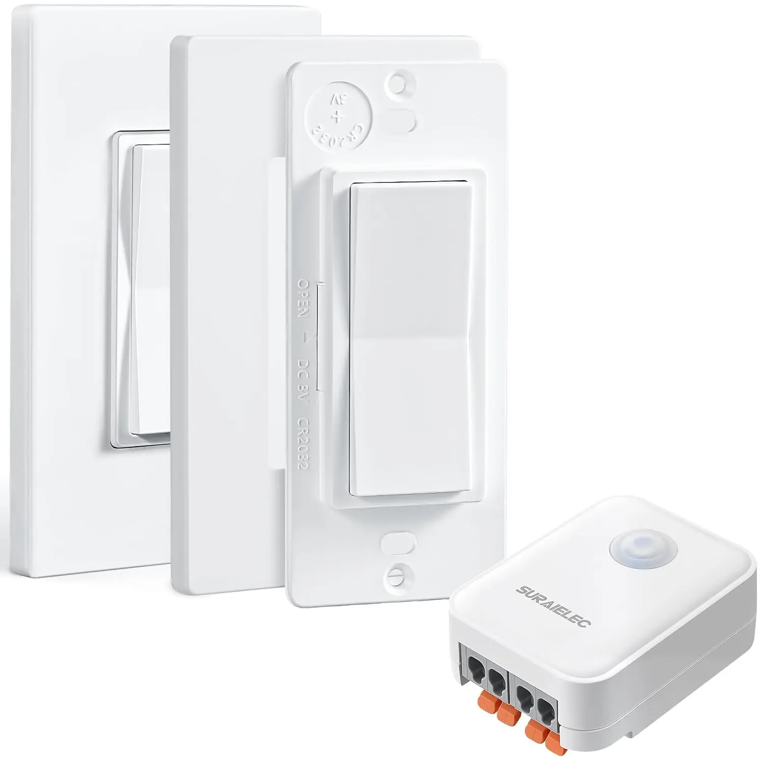 Suraielec | 3 Way Wireless Light Switch and Receiver Kit, Push-in Terminal | Ultra-Thin Design, No Wiring, 15A RF Remote Control, 100 ft Range, Expandable Wall Switch for Lighting, Neutral Wire Required
