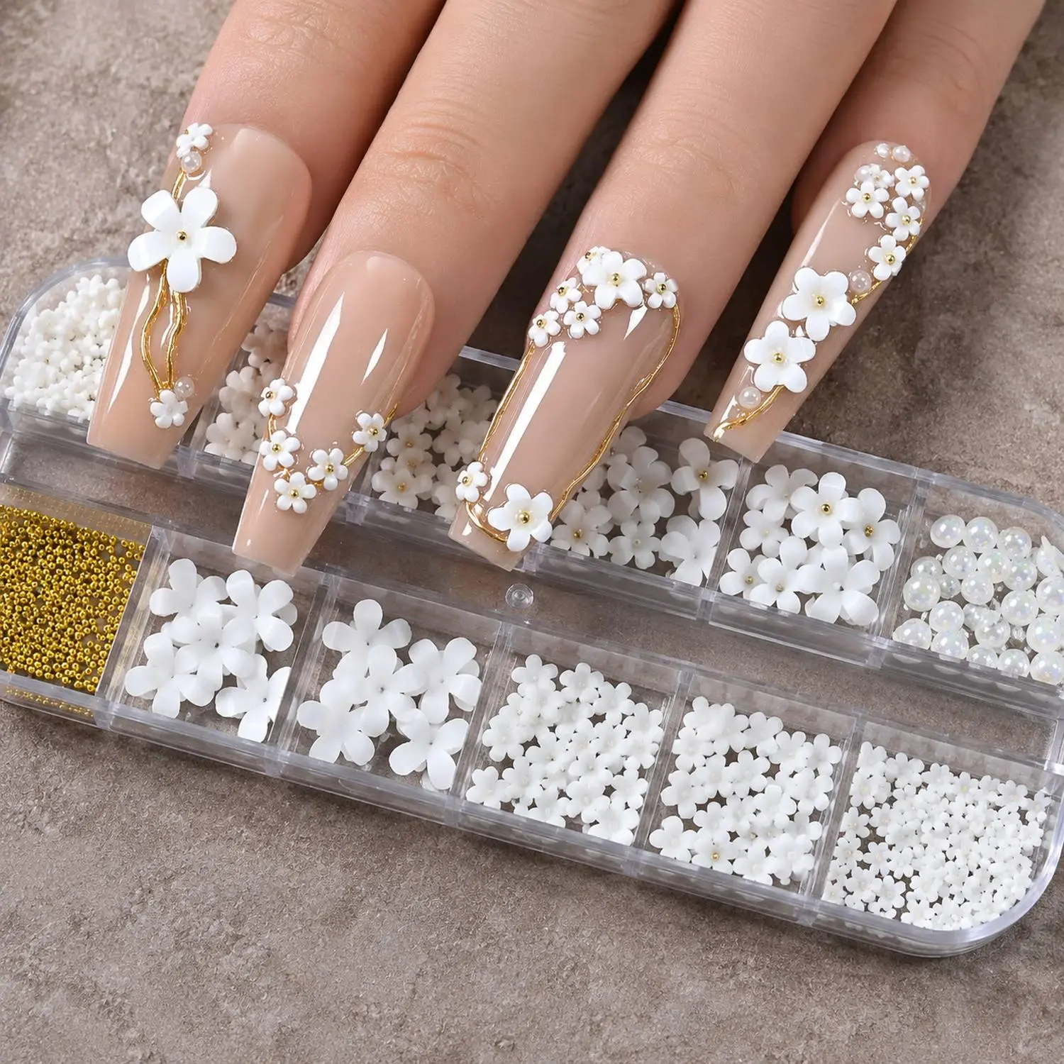 12Grids/Box Full Plump Flower Steel Beads Nail Charms Acrylic Flower Beads Nail Decor Suitable For Any Flower Beads Nail Supplie
