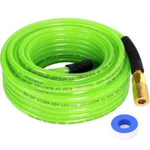 Air Compressor Hose 1/4 Inch x 50  Reinforced Polyurethane (PU) Air Hose with Fittings, Bend Restrictors, 1/4" Industrial Quick Coupler and Plug Kit, Green