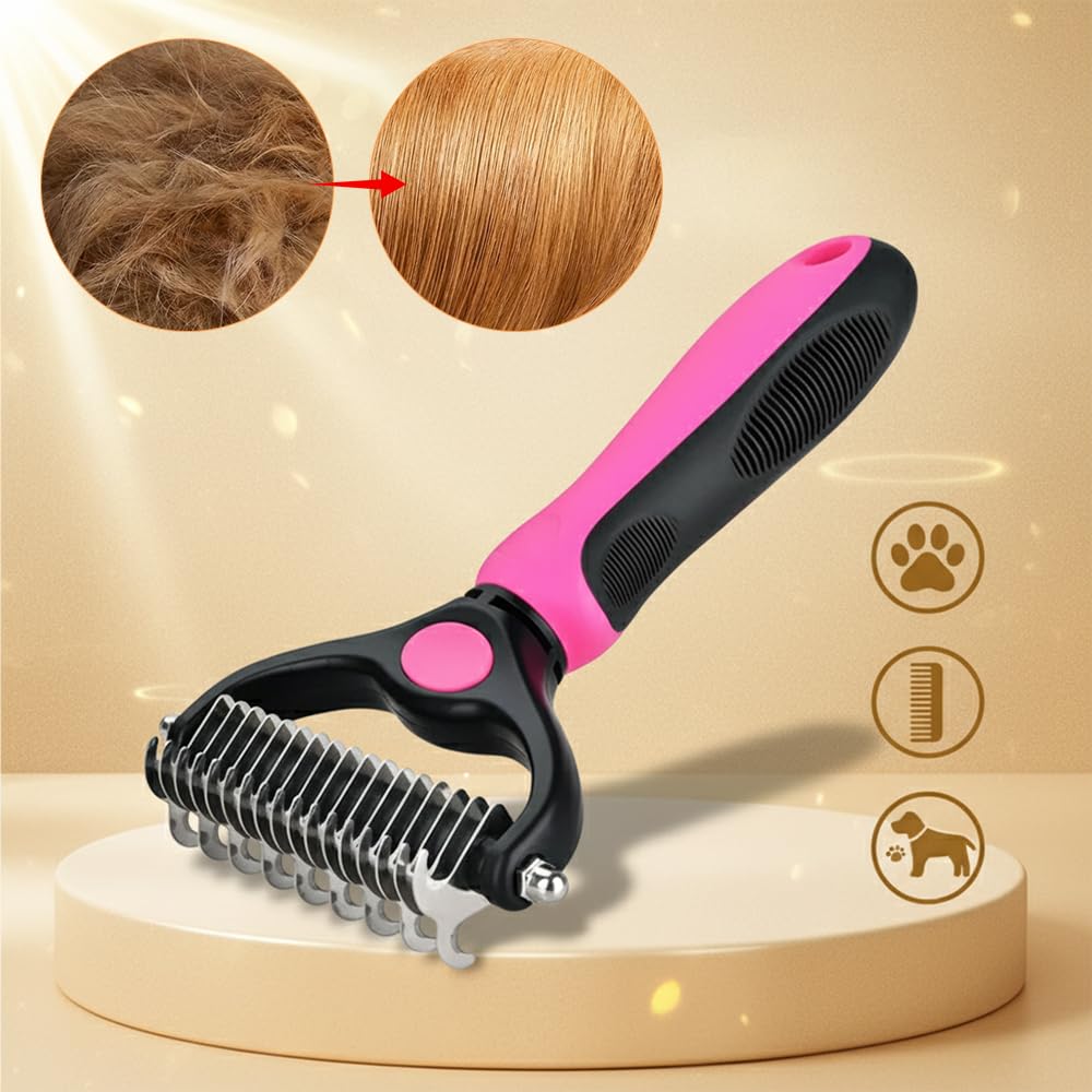 Pet Grooming Brush-Double Sided Hurtless Shedding and Dematting Undercoat Rake Comb for Dogs and Cats, No More Nasty Shedding or Flying Hair