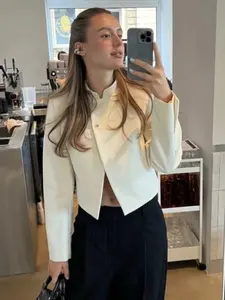 Women's Button-Down New Traditional Style Office Casual Fitted Long Sleeve Simple Stand Collar Commuter Suit Jacket Coat