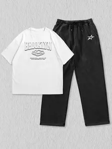 Men's Round Neck Knit T-Shirt & Pants Set, Casual Fitted, Perfect Gift for Fashion Enthusiasts, All Seasons Wear