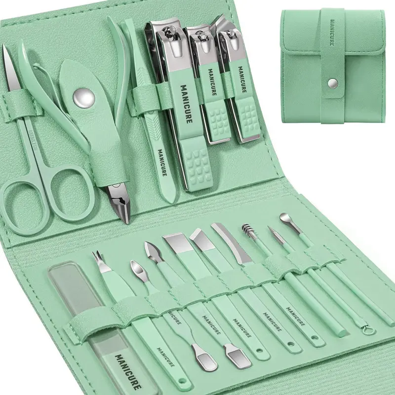 22in1 Nail Care Pedicure Kit, Luxury Forest Green Leather Case with Pro-Grade Steel Nipper, Cuticle Pusher, Foot Callus Remover, Compact Removable Storage, Household Essential Gift for Adults