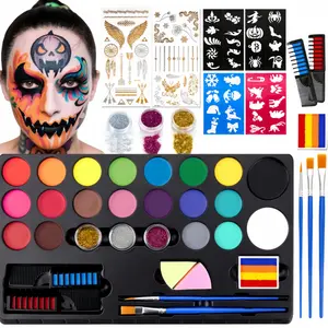 Face Body Painting Kit, 20 Colors Water Based Face Paint with Stencils & Brushes,Hair Dye Brush, Professional Body Makeup Set, Washable Face & Body Paint for Halloween Birthday Parties