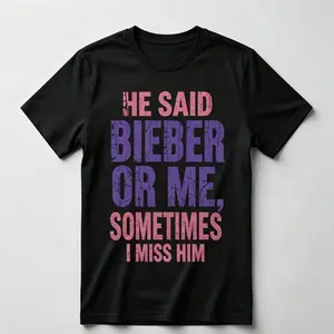 Men's "He Said Bieber or Me" Funny Relationship Graphic Tee - Vintage Washed, Oversized, Heavyweight Cotton, Unisex Relaxed/Basic Fit, Ribbed Details, Aesthetics-Focused Streetwear, Basic Fit-Black Front Print, Pairable with Sneakers