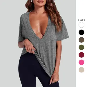 Imily Bela Womens Sexy Deep V Neck T Shirts Summer Short Sleeve Tops Casual Loose Fit Tees