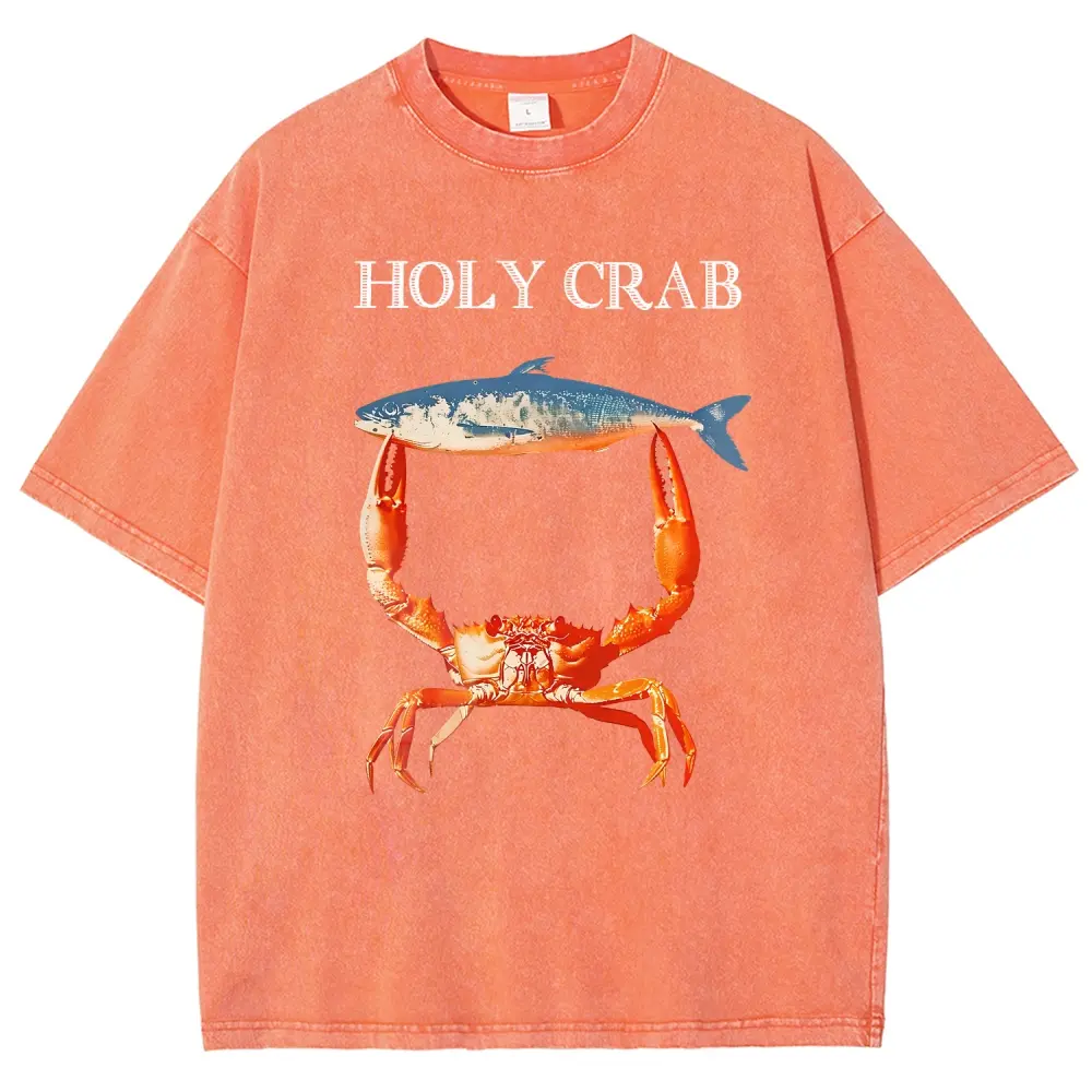 Men's Unisex Short-Sleeve Casual T-Shirt Top - Beach Lover Gift "Holy Crab" Funny Pun Coastal Summer Dad Joke, Vintage Washed Heavyweight Stone Wash Oversized Tee, Tshirt, Shortsleeve, Cotton, Menswear, Graphic, Fabric, Round Neck, Streetwear, Casual Fit,