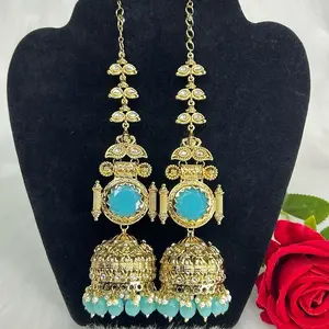 Gold Brass Women Jhumka Earrings with Ear Chain, Elegant Design,Traditional Style Fashionable Jewelry Jewelery