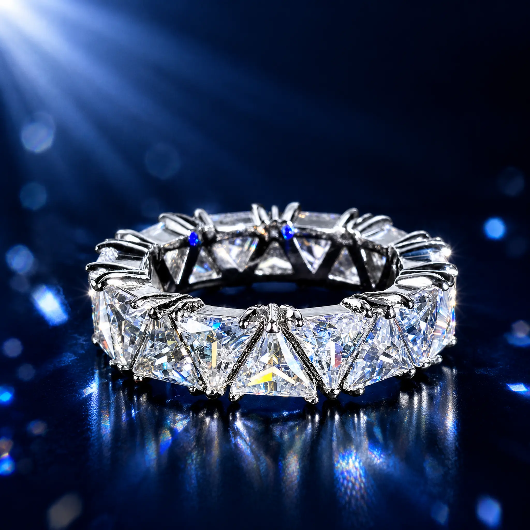 Silver Plated Triangle Cut CZ Eternity Band Ring, Full Paved Cubic Zirconia Wedding Band, Sparkly Stackable Jewelry for Women, Party Gift